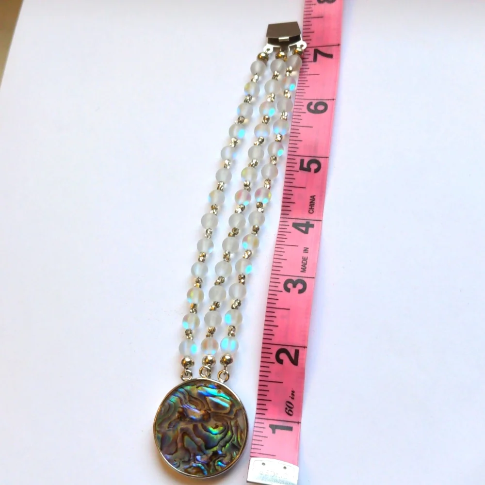 Abalone & Iridescent Mermaid  Quartz Beaded Bracelet. 3 Strand. Silverplate, New